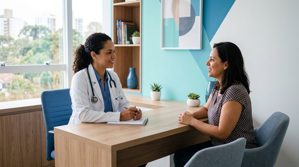 Ilustração de consultório médico em tons claros